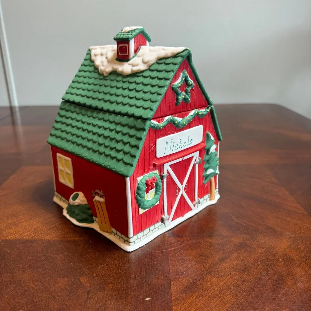 Rustic Ceramic Holiday Barn Lidded Jar Winter‎ Farmhouse Christmas Decor Nichols